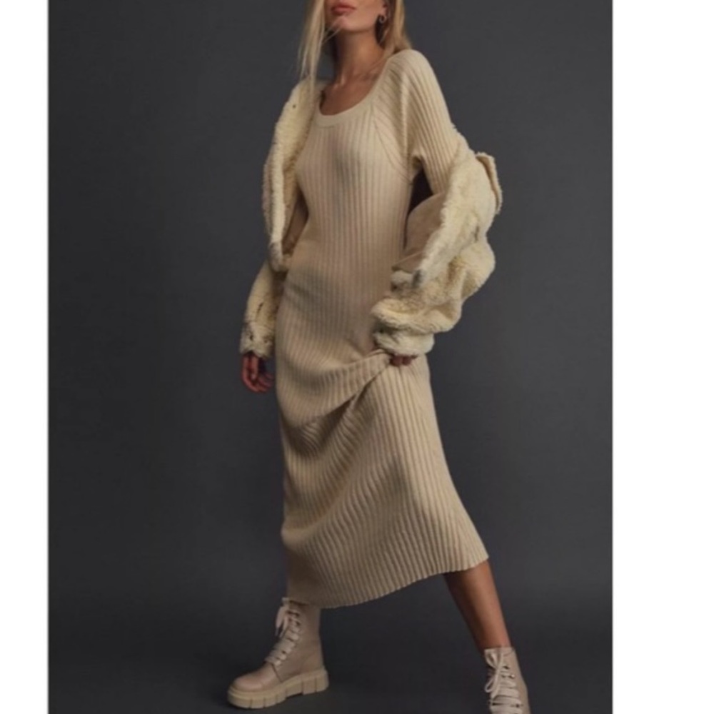 Free People Beach Walk About Maxi Dress Ribbed Knit Form Fitting Ivory XS